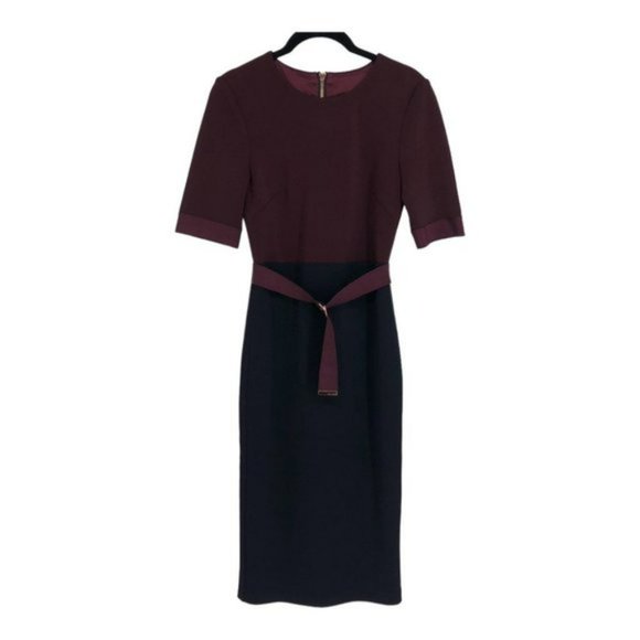 Ted Baker London Burgundy  &  Navy Wandee Ponte Midi Dress Size 0 - Picture 2 of 7